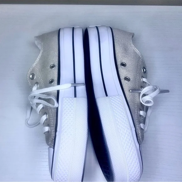 Converse Women's All Star Ox Lift Gold/Cream Sparkling Canvas Platform Sneakers - Picture 10 of 16